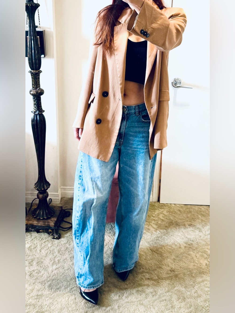 Zara Sz S Camel Tan Oversized Double Breasted Blazer Fluid Drape 2021/630/704/S